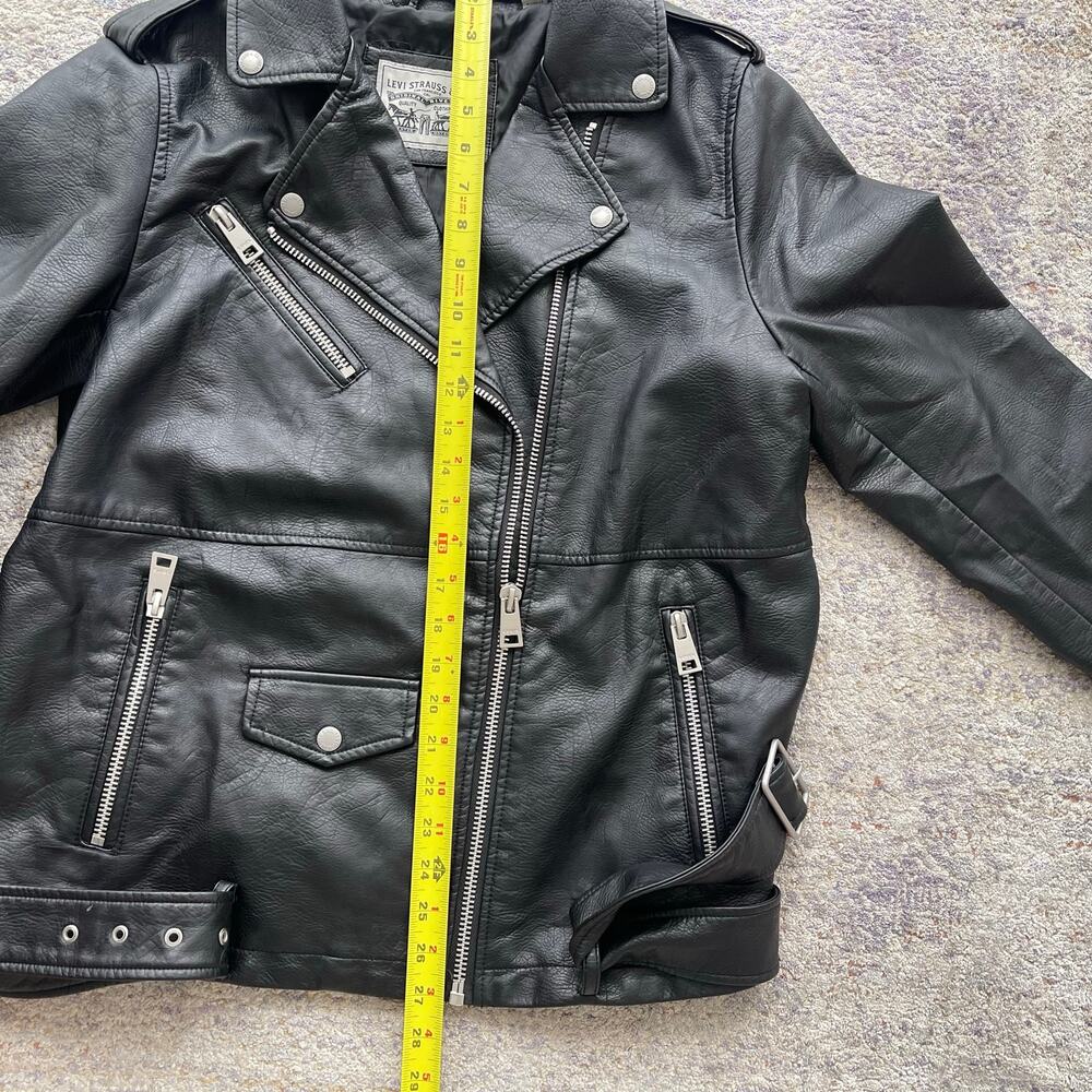Levi's Women's Large Black Faux Leather Moto Jacket Belted Biker Zip - Picture 13 of 16